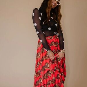 Dressed in La La Tiger Print Pleated Blouse in Bright Coral Red